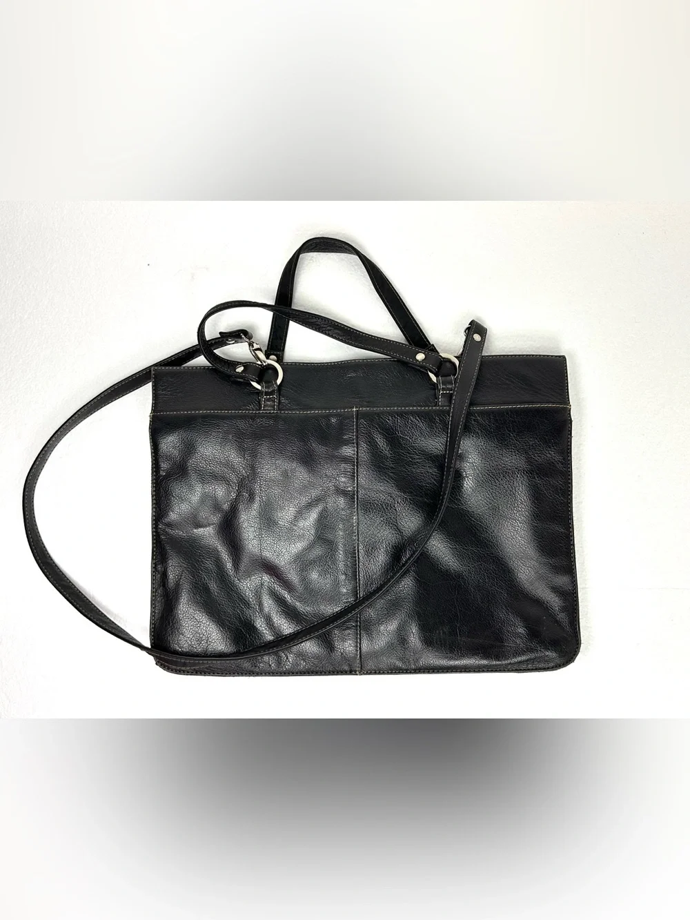 Vintage Marshall Fields Black Leather Multi Compartment Large Tote